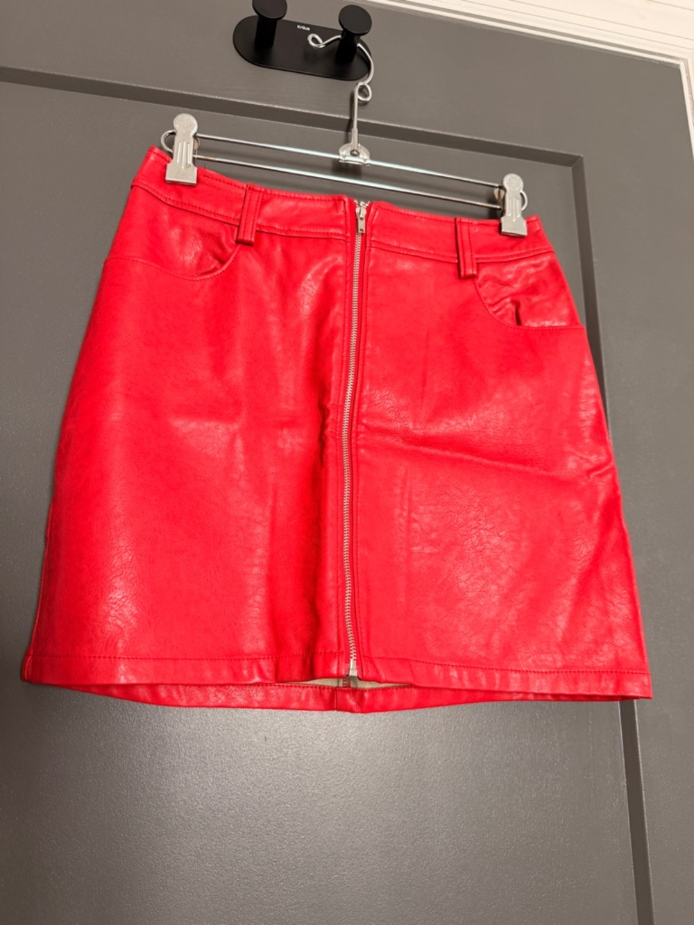 Honey Punch Red Faux Leather Front-Zip Mini Skirt